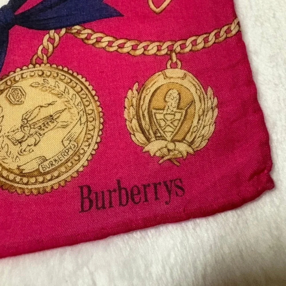 Vtg BURBERRYS Scarf Handkerchief Equestrian Chain Pink White 18